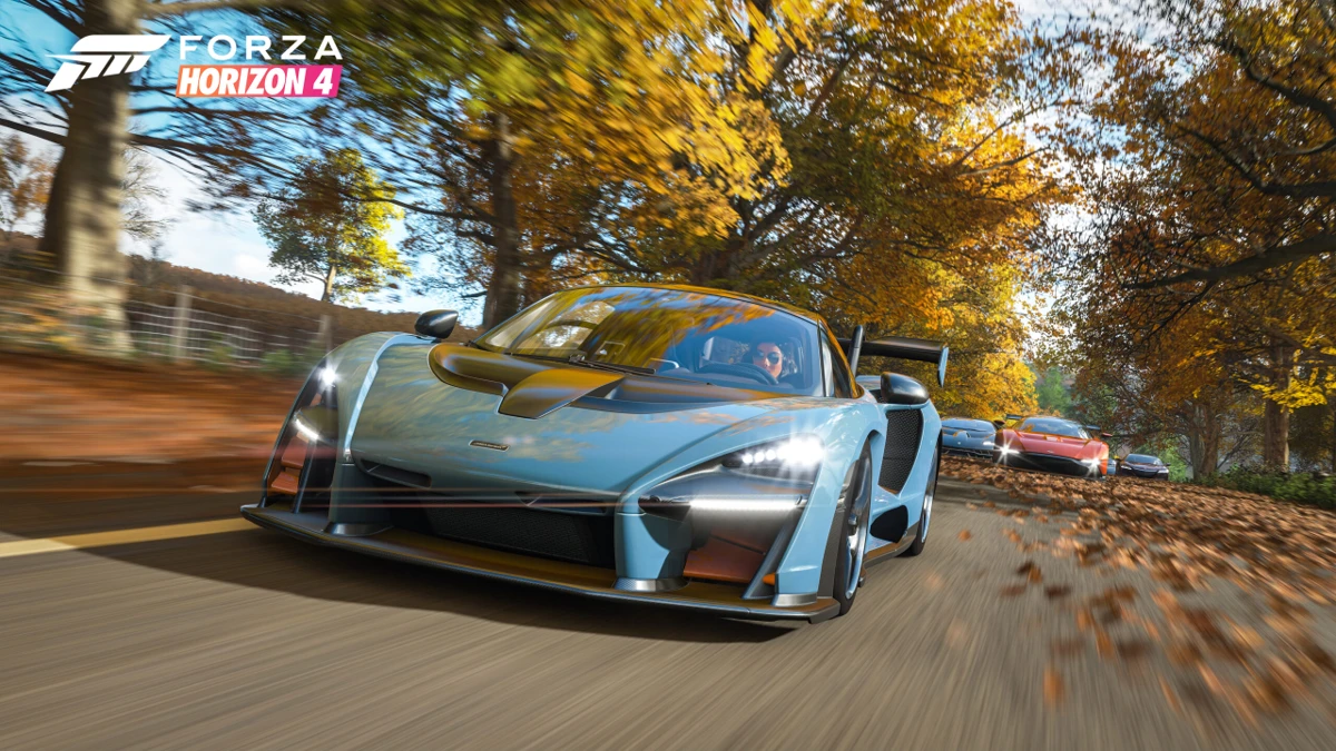 Forza Horizon 4 landscape with a car driving through the British countryside