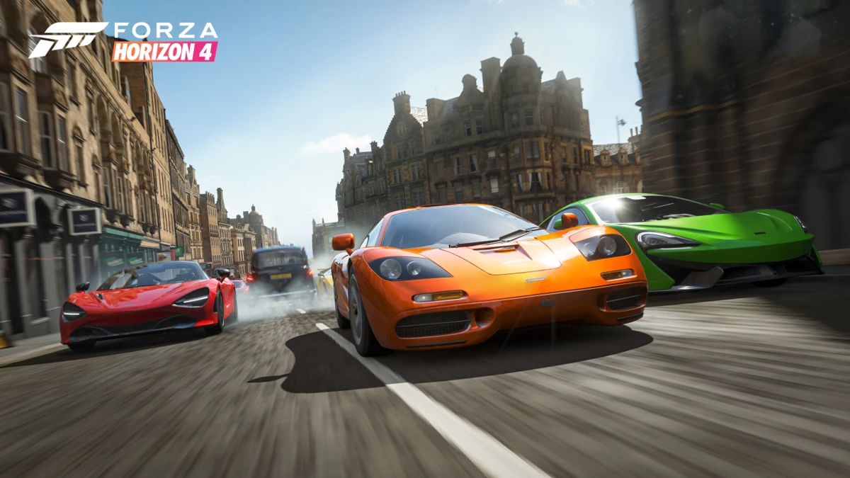 Forza Horizon 4 car driving at sunset with radio playing